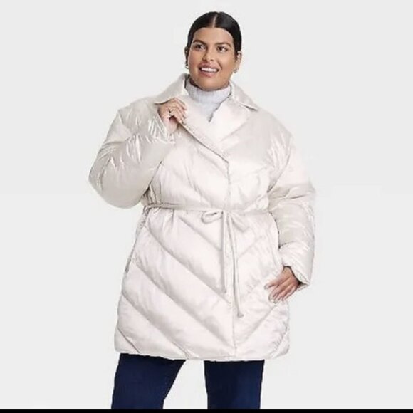 Women's Plus Size Puffer Jacket - Ava & Viv Cream 2X Ladies Snap Up Winter - Picture 1 of 2